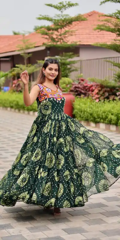 Ram 116 Green Green Faux Georgette Mirror Work Gown Mirror Work Gown in Faux Georgette. Delivery 4-6 Working Days. Shop now. | Bollywood Gowns, Creative Gowns, Designer Gowns, Embroidered Gowns, Gowns, Party Wear Gowns