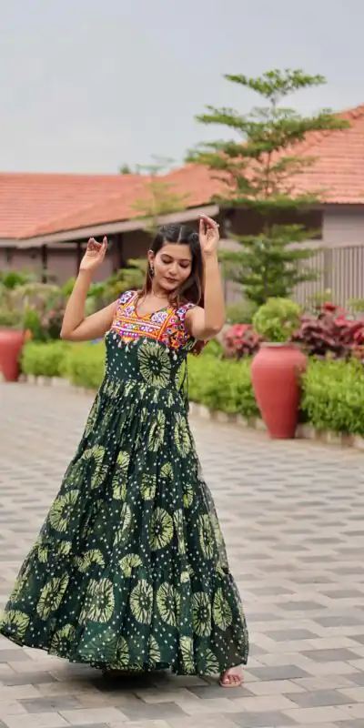 Ram 116 Green Green Faux Georgette Mirror Work Gown Mirror Work Gown in Faux Georgette. Delivery 4-6 Working Days. Shop now. | Bollywood Gowns, Creative Gowns, Designer Gowns, Embroidered Gowns, Gowns, Party Wear Gowns