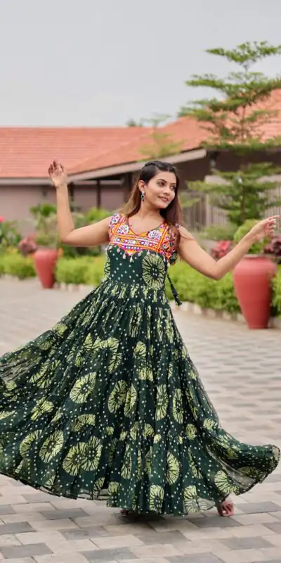 Ram 116 Green Green Faux Georgette Mirror Work Gown Mirror Work Gown in Faux Georgette. Delivery 4-6 Working Days. Shop now. | Bollywood Gowns, Creative Gowns, Designer Gowns, Embroidered Gowns, Gowns, Party Wear Gowns