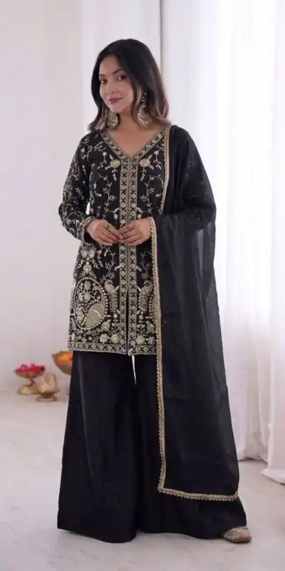 JF 043 Black Pure Fendy Silk Salwar Suitwith Embroidery Work & Sequins Work. Exclusive Offer ₹1940. Delivery 4-6 Working Days. Shop now. | Casual Suits, Jump Suits, Creative suits, Designer Suits, Palazzo Suits, Party Wear Suits, Patiala Suits, Salwar suit, Straight Suits