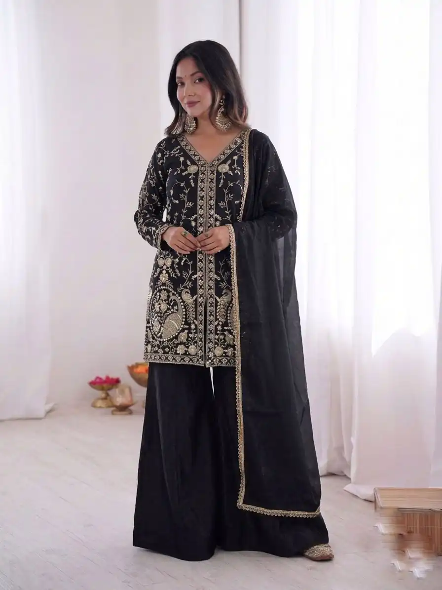 JF 043 Black Pure Fendy Silk Salwar Suitwith Embroidery Work & Sequins Work. Exclusive Offer ₹1940. Delivery 4-6 Working Days. Shop now. | Casual Suits, Jump Suits, Creative suits, Designer Suits, Palazzo Suits, Party Wear Suits, Patiala Suits, Salwar suit, Straight Suits