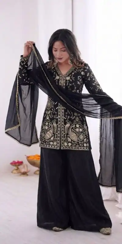 JF 043 Black Pure Fendy Silk Salwar Suitwith Embroidery Work & Sequins Work. Exclusive Offer ₹1940. Delivery 4-6 Working Days. Shop now. | Casual Suits, Jump Suits, Creative suits, Designer Suits, Palazzo Suits, Party Wear Suits, Patiala Suits, Salwar suit, Straight Suits
