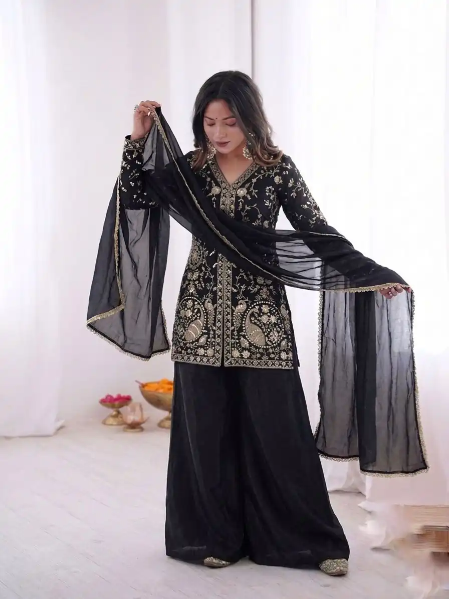 JF 043 Black Pure Fendy Silk Salwar Suitwith Embroidery Work & Sequins Work. Exclusive Offer ₹1940. Delivery 4-6 Working Days. Shop now. | Casual Suits, Jump Suits, Creative suits, Designer Suits, Palazzo Suits, Party Wear Suits, Patiala Suits, Salwar suit, Straight Suits