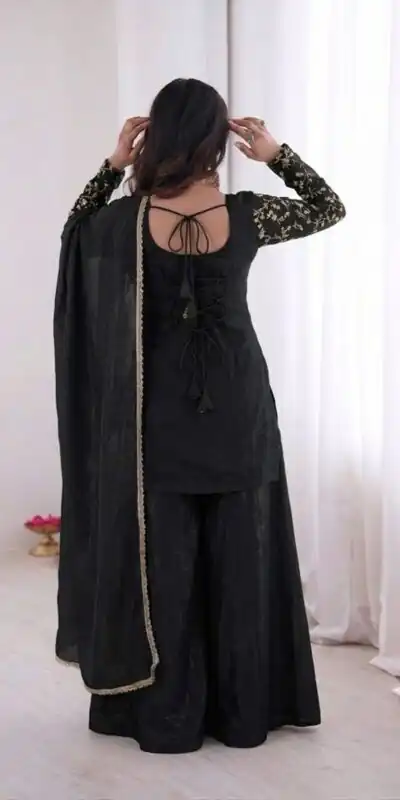 JF 043 Black Pure Fendy Silk Salwar Suitwith Embroidery Work & Sequins Work. Exclusive Offer ₹1940. Delivery 4-6 Working Days. Shop now. | Casual Suits, Jump Suits, Creative suits, Designer Suits, Palazzo Suits, Party Wear Suits, Patiala Suits, Salwar suit, Straight Suits