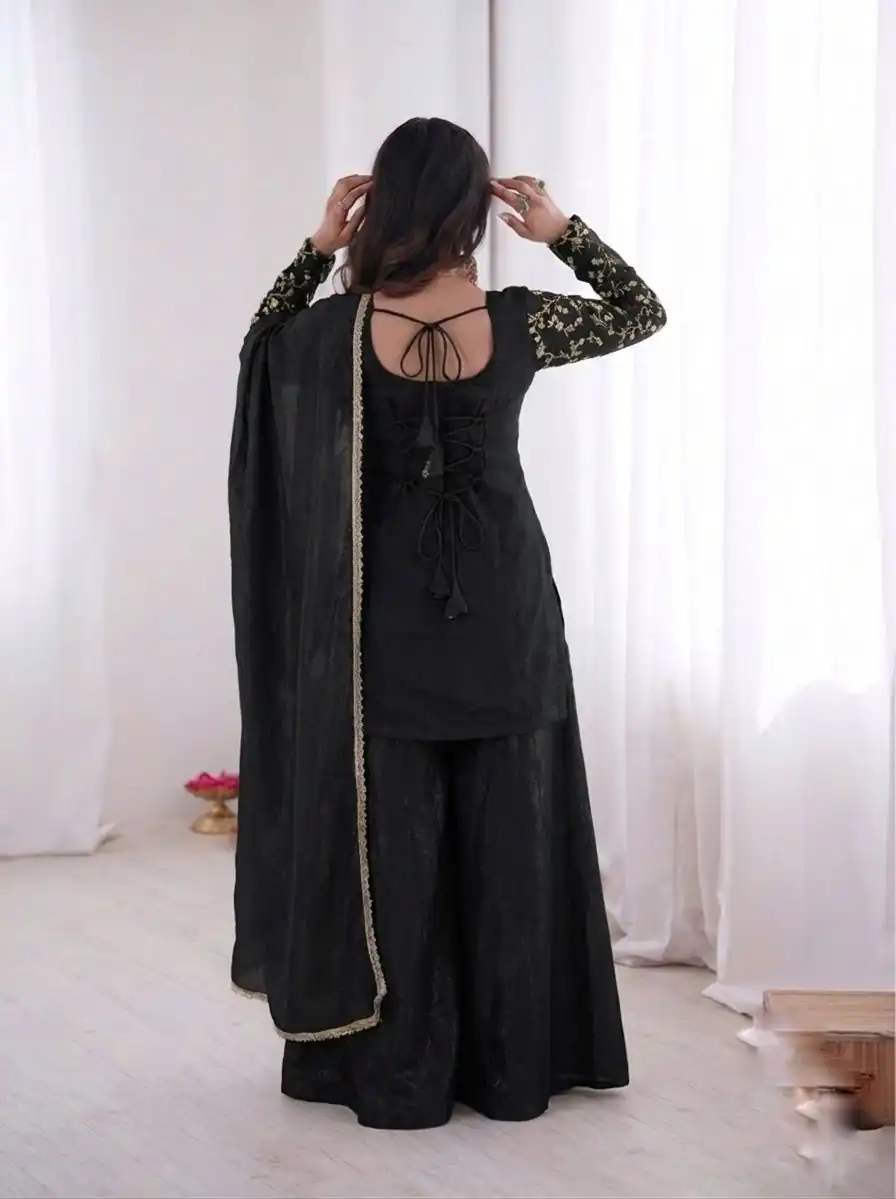 JF 043 Black Pure Fendy Silk Salwar Suitwith Embroidery Work & Sequins Work. Exclusive Offer ₹1940. Delivery 4-6 Working Days. Shop now. | Casual Suits, Jump Suits, Creative suits, Designer Suits, Palazzo Suits, Party Wear Suits, Patiala Suits, Salwar suit, Straight Suits