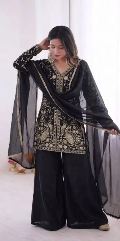 JF 043 Black Pure Fendy Silk Salwar Suitwith Embroidery Work & Sequins Work. Exclusive Offer ₹1940. Delivery 4-6 Working Days. Shop now. | Casual Suits, Jump Suits, Creative suits, Designer Suits, Palazzo Suits, Party Wear Suits, Patiala Suits, Salwar suit, Straight Suits