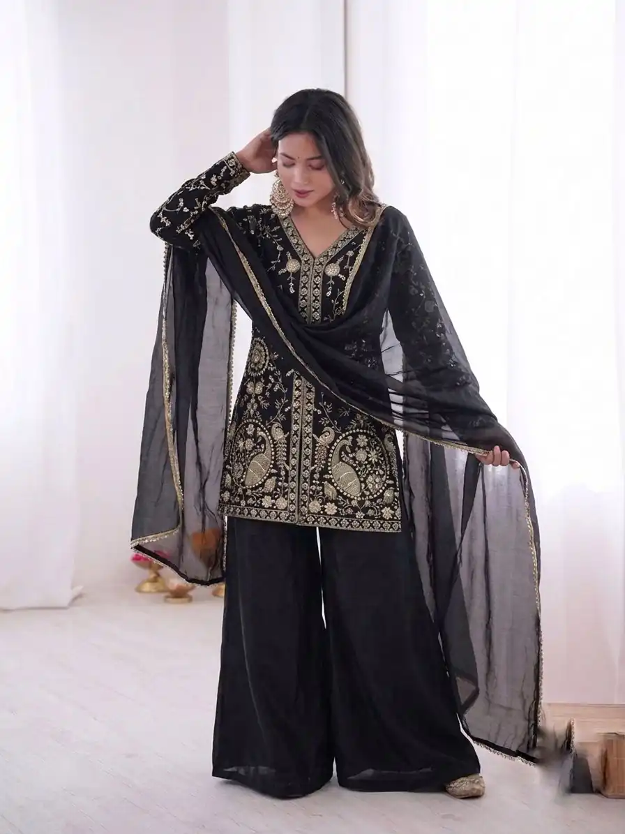 JF 043 Black Pure Fendy Silk Salwar Suitwith Embroidery Work & Sequins Work. Exclusive Offer ₹1940. Delivery 4-6 Working Days. Shop now. | Casual Suits, Jump Suits, Creative suits, Designer Suits, Palazzo Suits, Party Wear Suits, Patiala Suits, Salwar suit, Straight Suits