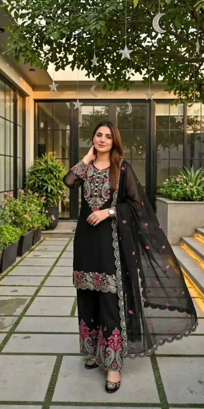 MT 1078 Black Roman Silk Salwar Suit Perfect for Wedding, Party, Ethnic Day, Anniversary, Diwali – . Now at just ₹2399. Delivery 4-6 Working Days. | Casual Suits, Jump Suits, Creative suits, Designer Suits, Palazzo Suits, Party Wear Suits, Patiala Suits, Salwar suit, Straight Suits