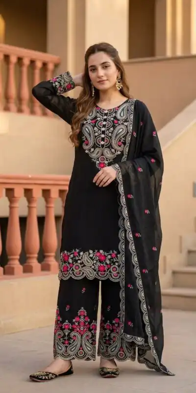 MT 1078 Black Roman Silk Salwar Suit Perfect for Wedding, Party, Ethnic Day, Anniversary, Diwali – . Now at just ₹2399. Delivery 4-6 Working Days. | Casual Suits, Jump Suits, Creative suits, Designer Suits, Palazzo Suits, Party Wear Suits, Patiala Suits, Salwar suit, Straight Suits
