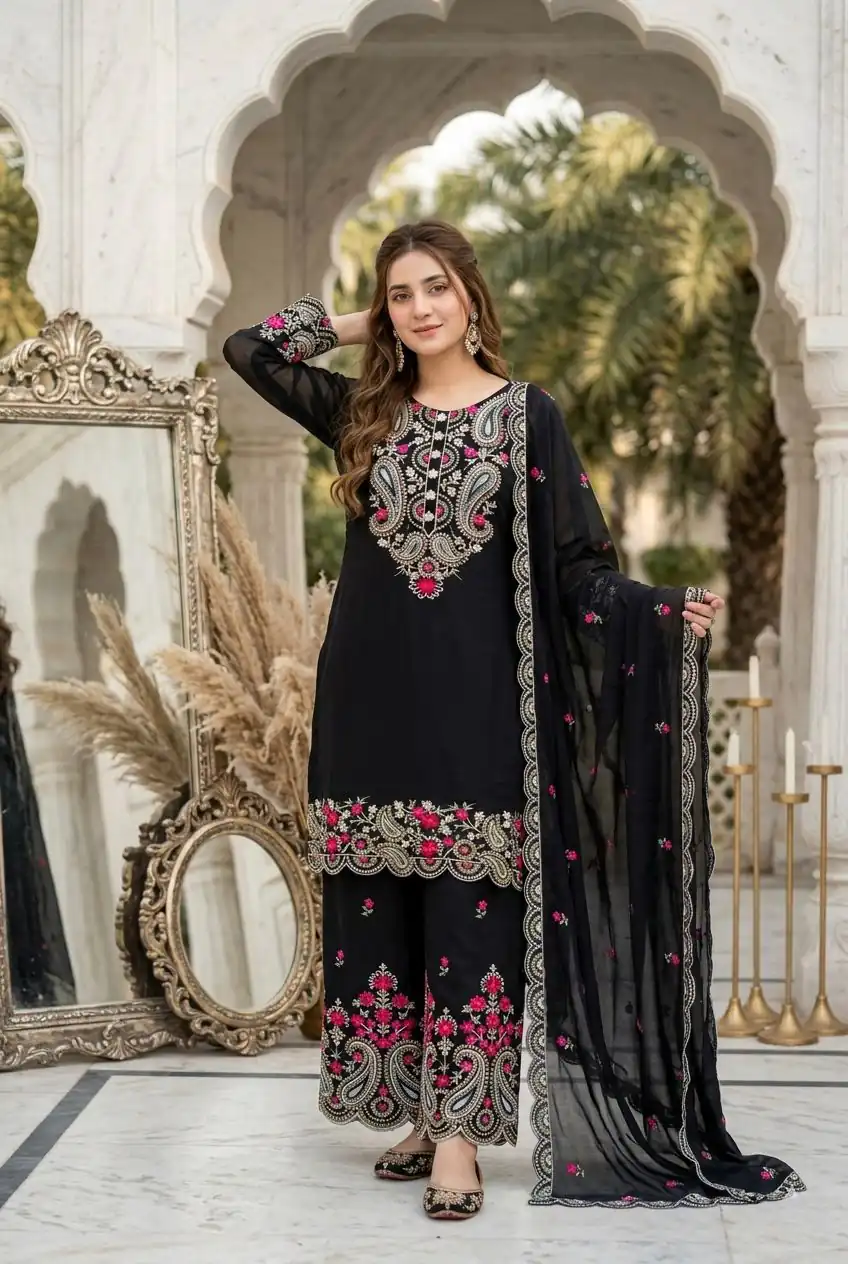 MT 1078 Black Roman Silk Salwar Suit Perfect for Wedding, Party, Ethnic Day, Anniversary, Diwali – . Now at just ₹2399. Delivery 4-6 Working Days. | Casual Suits, Jump Suits, Creative suits, Designer Suits, Palazzo Suits, Party Wear Suits, Patiala Suits, Salwar suit, Straight Suits