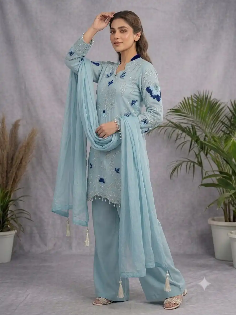 LG 2121 Blue Soft Organza Salwar Suit with Embroidery Work & Cut Work. Available at ₹2099 only. Delivery 4-6 Working Days. Shop now. | Casual Suits, Jump Suits, Creative suits, Designer Suits, Palazzo Suits, Party Wear Suits, Patiala Suits, Salwar suit, Straight Suits