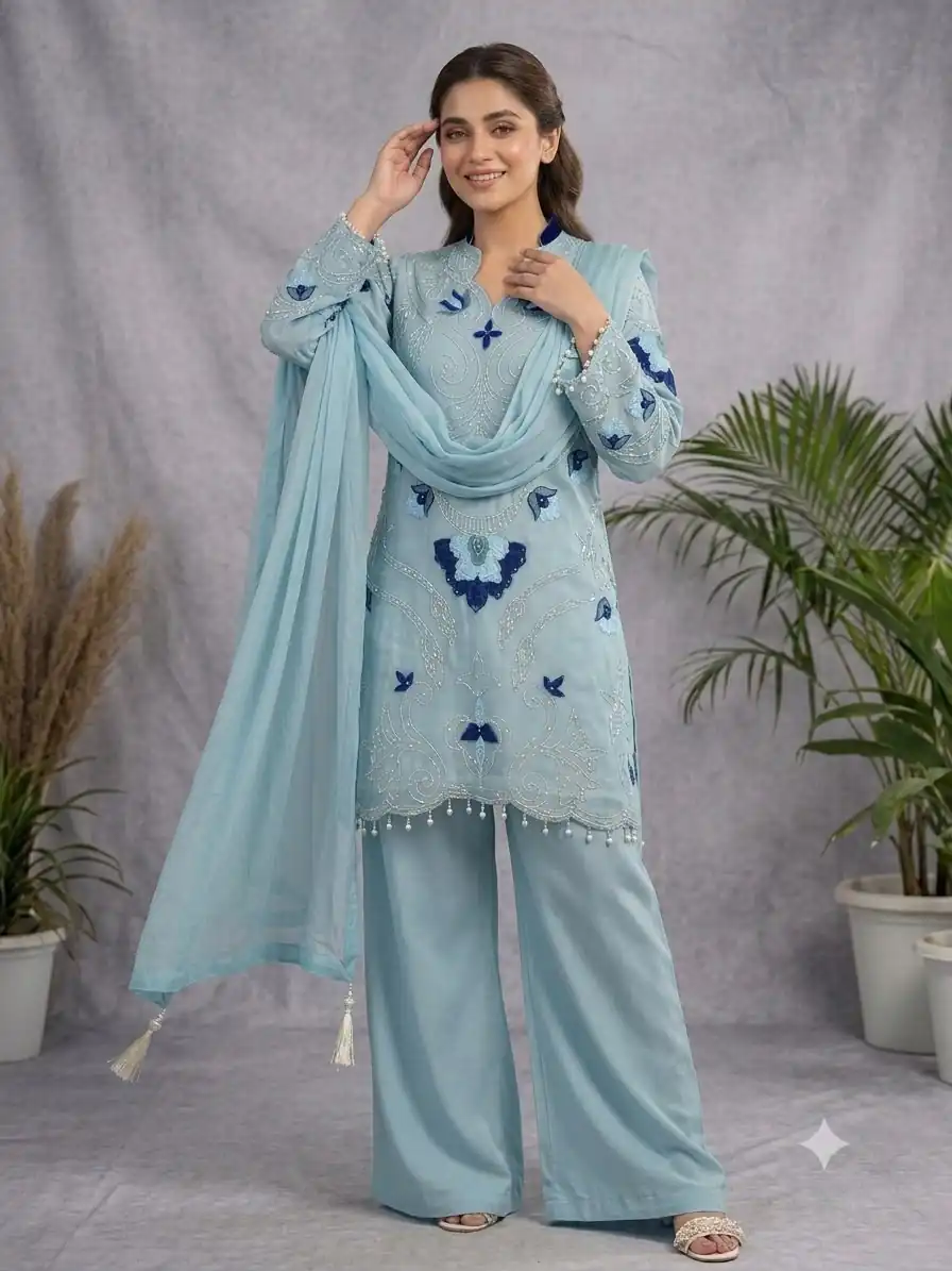 LG 2121 Blue Soft Organza Salwar Suit with Embroidery Work & Cut Work. Available at ₹2099 only. Delivery 4-6 Working Days. Shop now. | Casual Suits, Jump Suits, Creative suits, Designer Suits, Palazzo Suits, Party Wear Suits, Patiala Suits, Salwar suit, Straight Suits