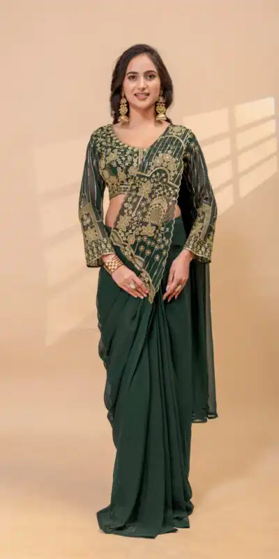 ST 1172 Green Faux Georgette Saree with Embroidery Work & Bead Work. Now at just ₹1849. Delivery 4-6 Working Days. Shop now. | Creative Sarees, Bollywood Sarees, Designer Sarees, Embroidered Sarees, Ethnic Saree, Modern Digital sarees, Party Wear Sarees, Sarees