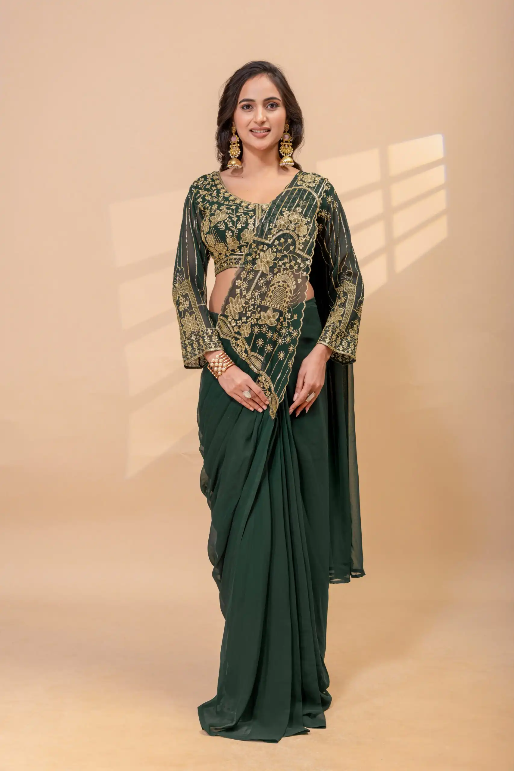 ST 1172 Green Faux Georgette Saree with Embroidery Work & Bead Work. Now at just ₹1849. Delivery 4-6 Working Days. Shop now. | Creative Sarees, Bollywood Sarees, Designer Sarees, Embroidered Sarees, Ethnic Saree, Modern Digital sarees, Party Wear Sarees, Sarees