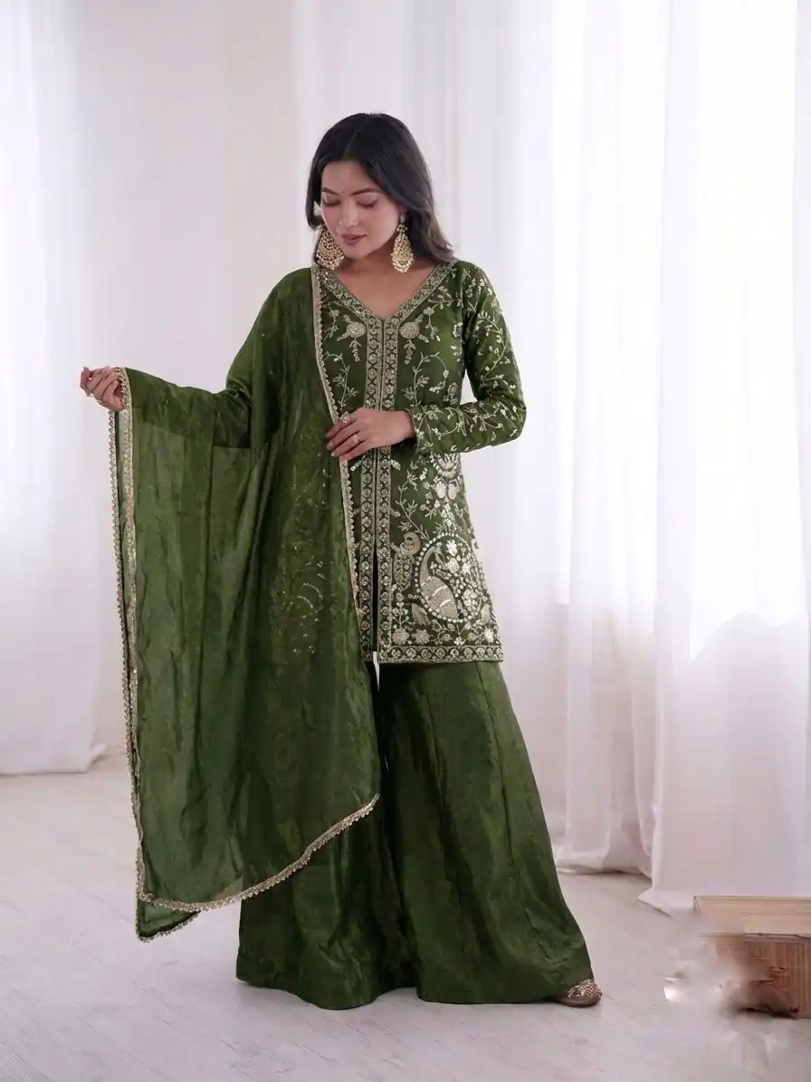 JF 043 Green Pure Fendy Silk Salwar Suitwith Embroidery Work & Sequins Work. Exclusive Offer ₹1940. Delivery 4-6 Working Days. Shop now. | Casual Suits, Jump Suits, Creative suits, Designer Suits, Palazzo Suits, Party Wear Suits, Patiala Suits, Salwar suit, Straight Suits