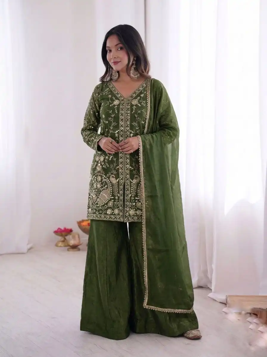 JF 043 Green Pure Fendy Silk Salwar Suitwith Embroidery Work & Sequins Work. Exclusive Offer ₹1940. Delivery 4-6 Working Days. Shop now. | Casual Suits, Jump Suits, Creative suits, Designer Suits, Palazzo Suits, Party Wear Suits, Patiala Suits, Salwar suit, Straight Suits