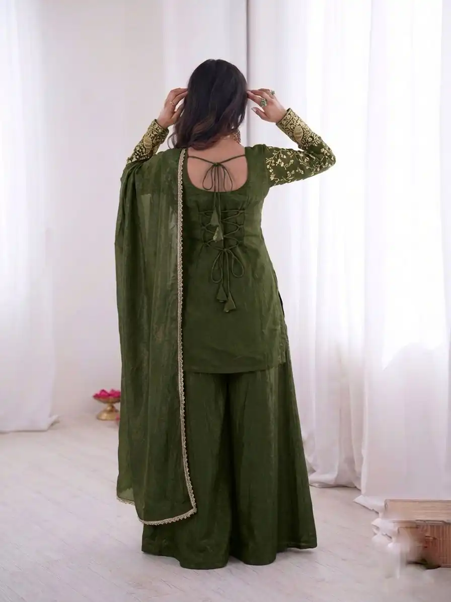 JF 043 Green Pure Fendy Silk Salwar Suitwith Embroidery Work & Sequins Work. Exclusive Offer ₹1940. Delivery 4-6 Working Days. Shop now. | Casual Suits, Jump Suits, Creative suits, Designer Suits, Palazzo Suits, Party Wear Suits, Patiala Suits, Salwar suit, Straight Suits