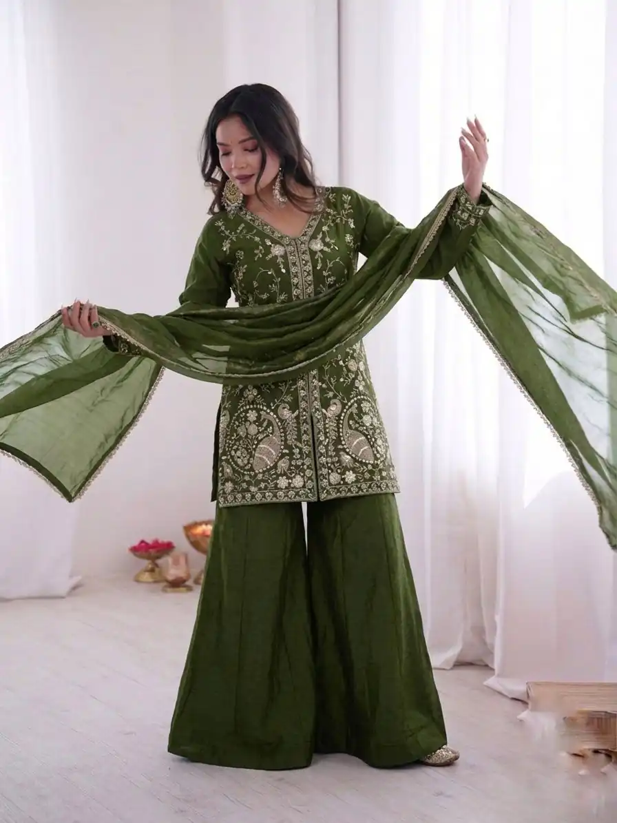 JF 043 Green Pure Fendy Silk Salwar Suitwith Embroidery Work & Sequins Work. Exclusive Offer ₹1940. Delivery 4-6 Working Days. Shop now. | Casual Suits, Jump Suits, Creative suits, Designer Suits, Palazzo Suits, Party Wear Suits, Patiala Suits, Salwar suit, Straight Suits