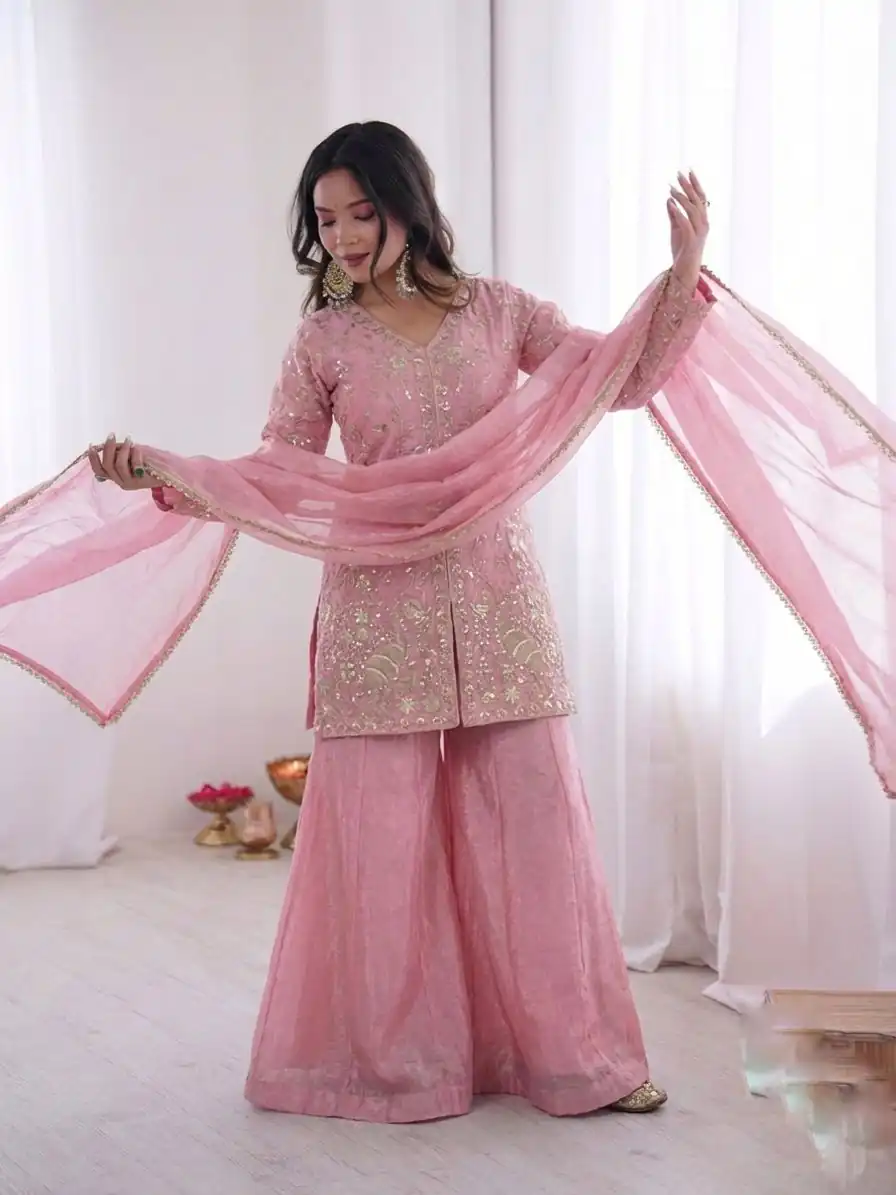 JF 043 Light Pink Pure Fendy Silk Salwar Suitwith Embroidery Work & Sequins Work. Exclusive Offer ₹1940. Delivery 4-6 Working Days. Shop now. | Casual Suits, Jump Suits, Creative suits, Designer Suits, Palazzo Suits, Party Wear Suits, Patiala Suits, Salwar suit, Straight Suits