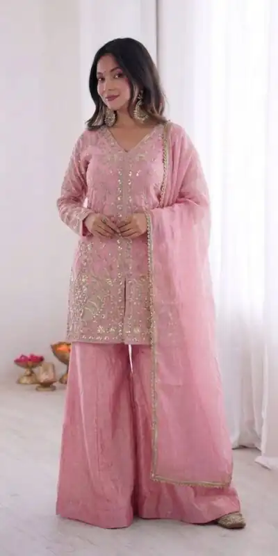 JF 043 Light Pink Pure Fendy Silk Salwar Suitwith Embroidery Work & Sequins Work. Exclusive Offer ₹1940. Delivery 4-6 Working Days. Shop now. | Casual Suits, Jump Suits, Creative suits, Designer Suits, Palazzo Suits, Party Wear Suits, Patiala Suits, Salwar suit, Straight Suits