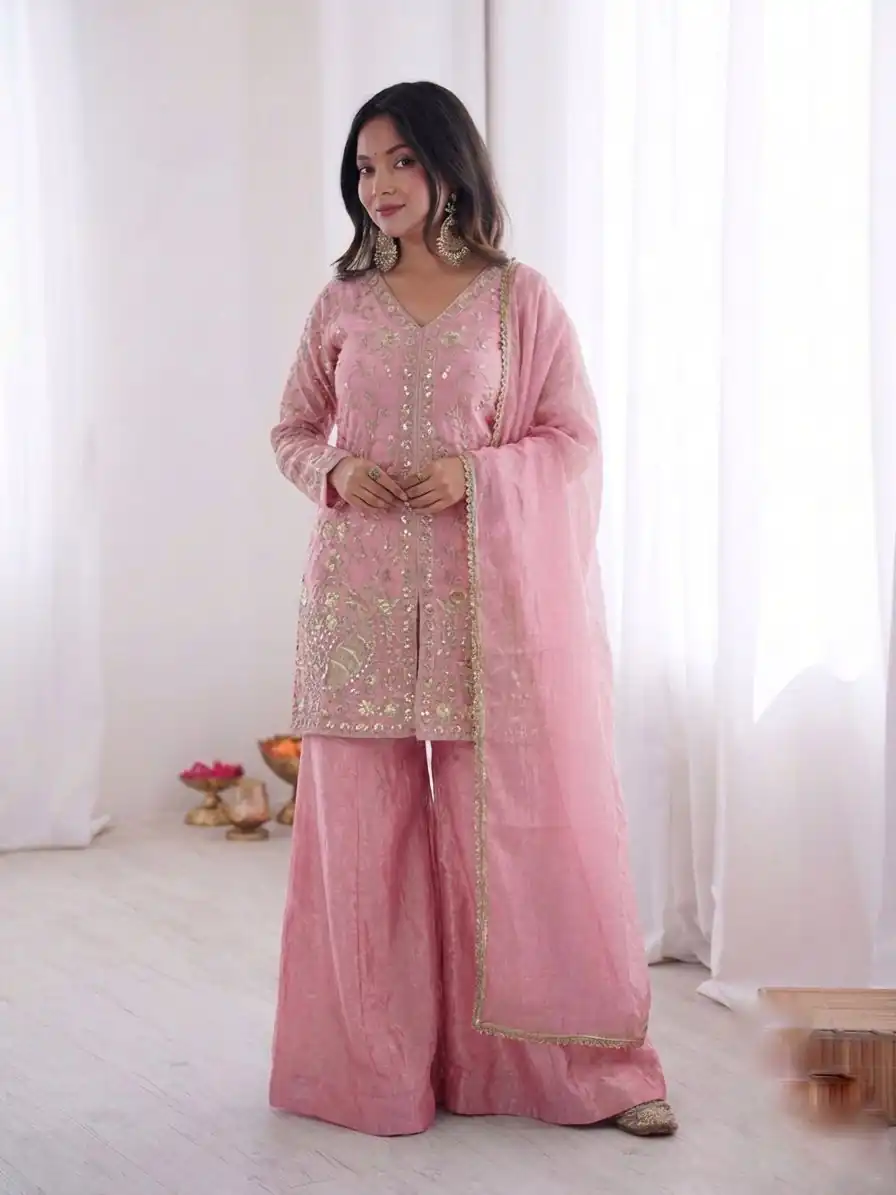JF 043 Light Pink Pure Fendy Silk Salwar Suitwith Embroidery Work & Sequins Work. Exclusive Offer ₹1940. Delivery 4-6 Working Days. Shop now. | Casual Suits, Jump Suits, Creative suits, Designer Suits, Palazzo Suits, Party Wear Suits, Patiala Suits, Salwar suit, Straight Suits