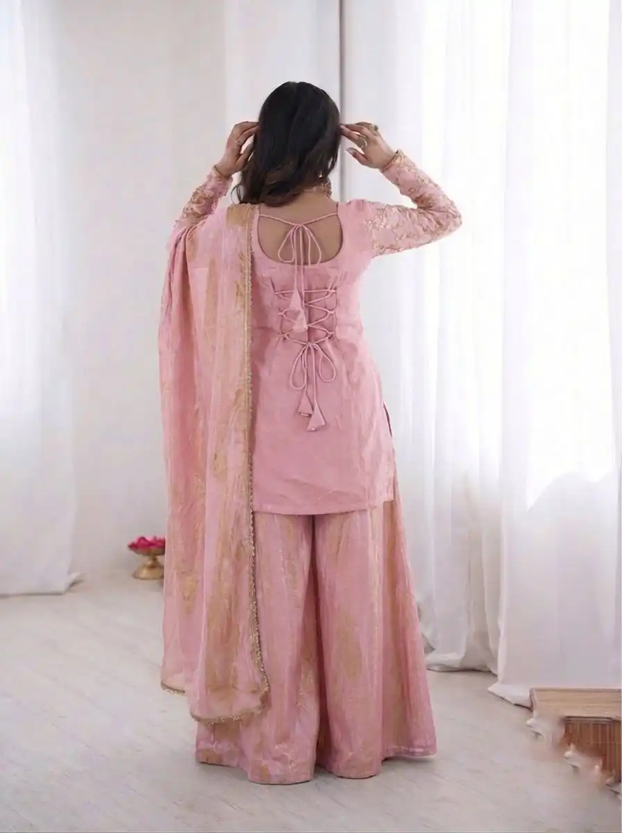 JF 043 Light Pink Pure Fendy Silk Salwar Suitwith Embroidery Work & Sequins Work. Exclusive Offer ₹1940. Delivery 4-6 Working Days. Shop now. | Casual Suits, Jump Suits, Creative suits, Designer Suits, Palazzo Suits, Party Wear Suits, Patiala Suits, Salwar suit, Straight Suits