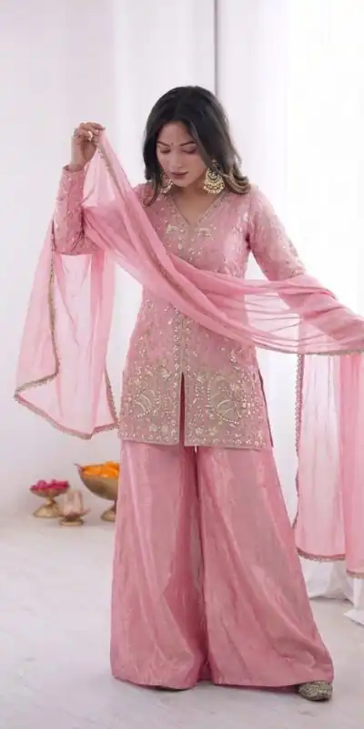 JF 043 Light Pink Pure Fendy Silk Salwar Suitwith Embroidery Work & Sequins Work. Exclusive Offer ₹1940. Delivery 4-6 Working Days. Shop now. | Casual Suits, Jump Suits, Creative suits, Designer Suits, Palazzo Suits, Party Wear Suits, Patiala Suits, Salwar suit, Straight Suits