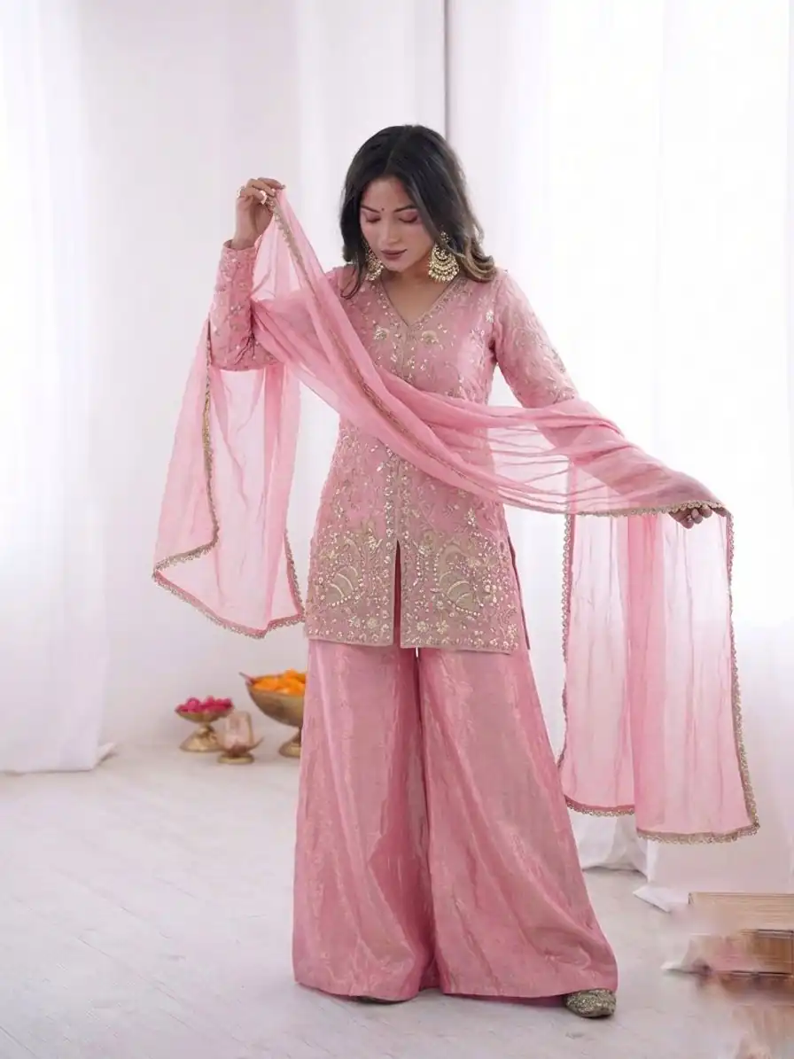 JF 043 Light Pink Pure Fendy Silk Salwar Suitwith Embroidery Work & Sequins Work. Exclusive Offer ₹1940. Delivery 4-6 Working Days. Shop now. | Casual Suits, Jump Suits, Creative suits, Designer Suits, Palazzo Suits, Party Wear Suits, Patiala Suits, Salwar suit, Straight Suits