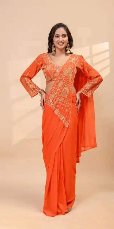 ST 1172 Orange Faux Georgette Saree with Embroidery Work & Bead Work. Now at just ₹1849. Delivery 4-6 Working Days. Shop now. | Creative Sarees, Bollywood Sarees, Designer Sarees, Embroidered Sarees, Ethnic Saree, Modern Digital sarees, Party Wear Sarees, Sarees