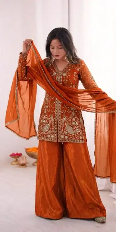 JF 043 Orange Pure Fendy Silk Salwar Suitwith Embroidery Work & Sequins Work. Exclusive Offer ₹1940. Delivery 4-6 Working Days. Shop now. | Casual Suits, Jump Suits, Creative suits, Designer Suits, Palazzo Suits, Party Wear Suits, Patiala Suits, Salwar suit, Straight Suits