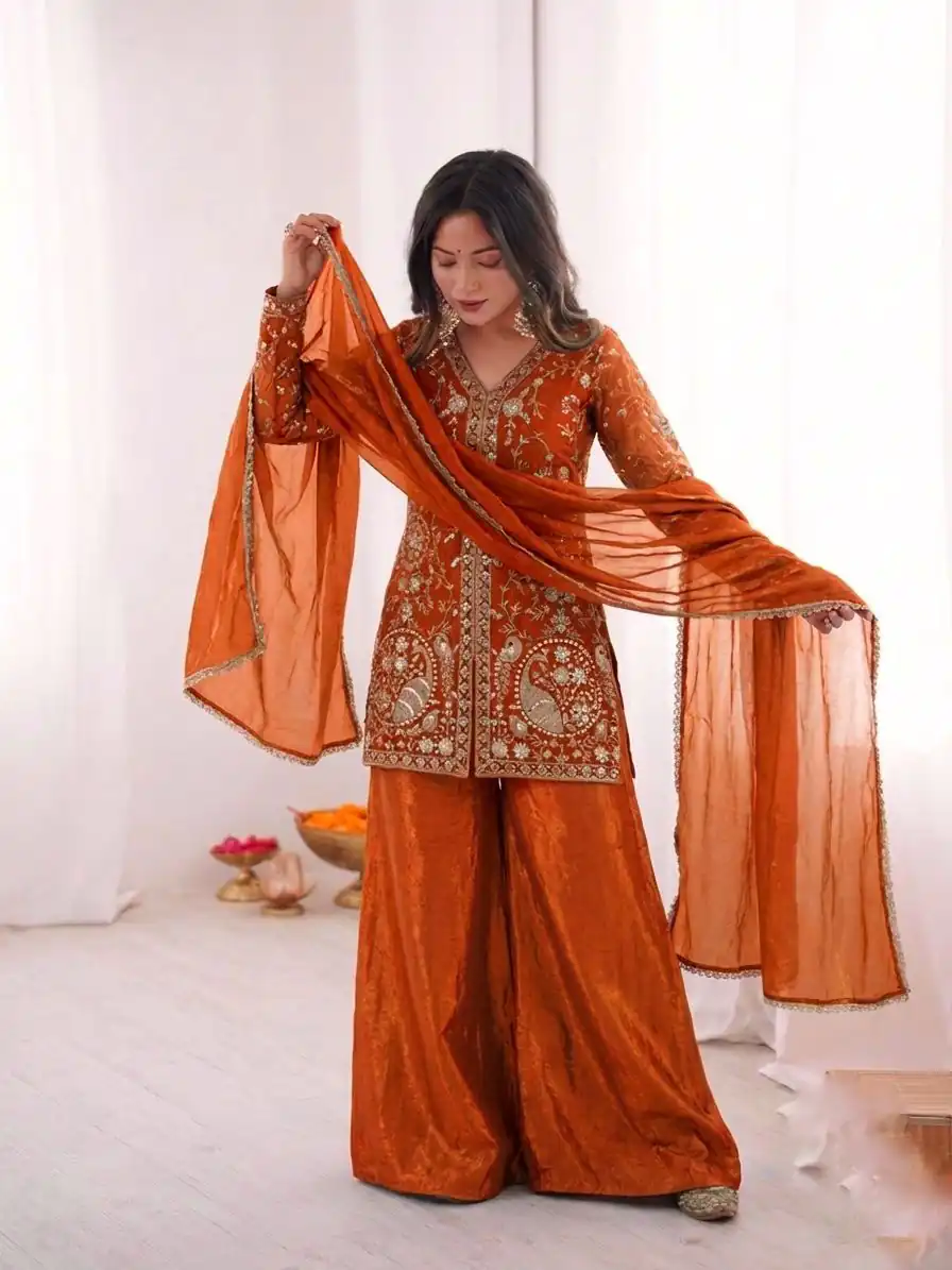 JF 043 Orange Pure Fendy Silk Salwar Suitwith Embroidery Work & Sequins Work. Exclusive Offer ₹1940. Delivery 4-6 Working Days. Shop now. | Casual Suits, Jump Suits, Creative suits, Designer Suits, Palazzo Suits, Party Wear Suits, Patiala Suits, Salwar suit, Straight Suits