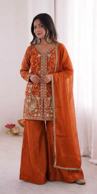 JF 043 Orange Pure Fendy Silk Salwar Suitwith Embroidery Work & Sequins Work. Exclusive Offer ₹1940. Delivery 4-6 Working Days. Shop now. | Casual Suits, Jump Suits, Creative suits, Designer Suits, Palazzo Suits, Party Wear Suits, Patiala Suits, Salwar suit, Straight Suits