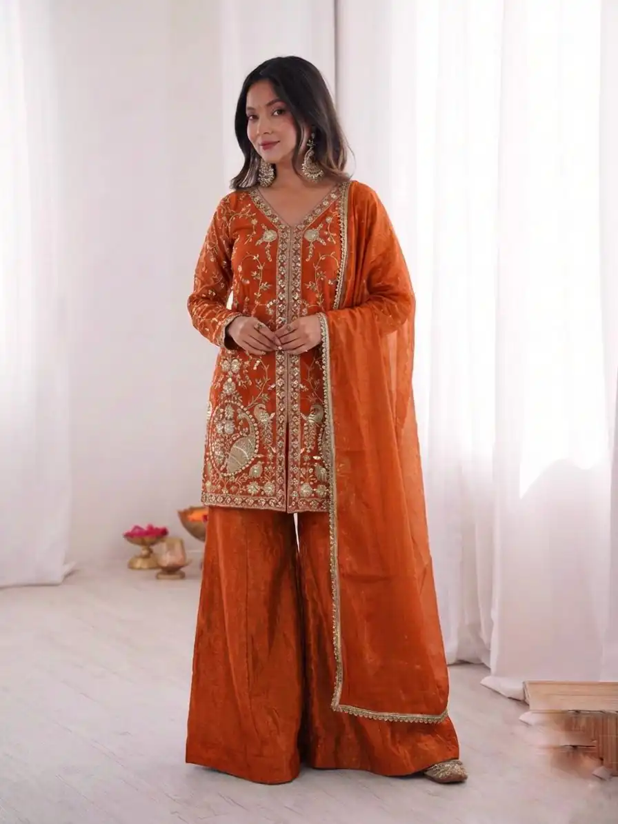 JF 043 Orange Pure Fendy Silk Salwar Suitwith Embroidery Work & Sequins Work. Exclusive Offer ₹1940. Delivery 4-6 Working Days. Shop now. | Casual Suits, Jump Suits, Creative suits, Designer Suits, Palazzo Suits, Party Wear Suits, Patiala Suits, Salwar suit, Straight Suits