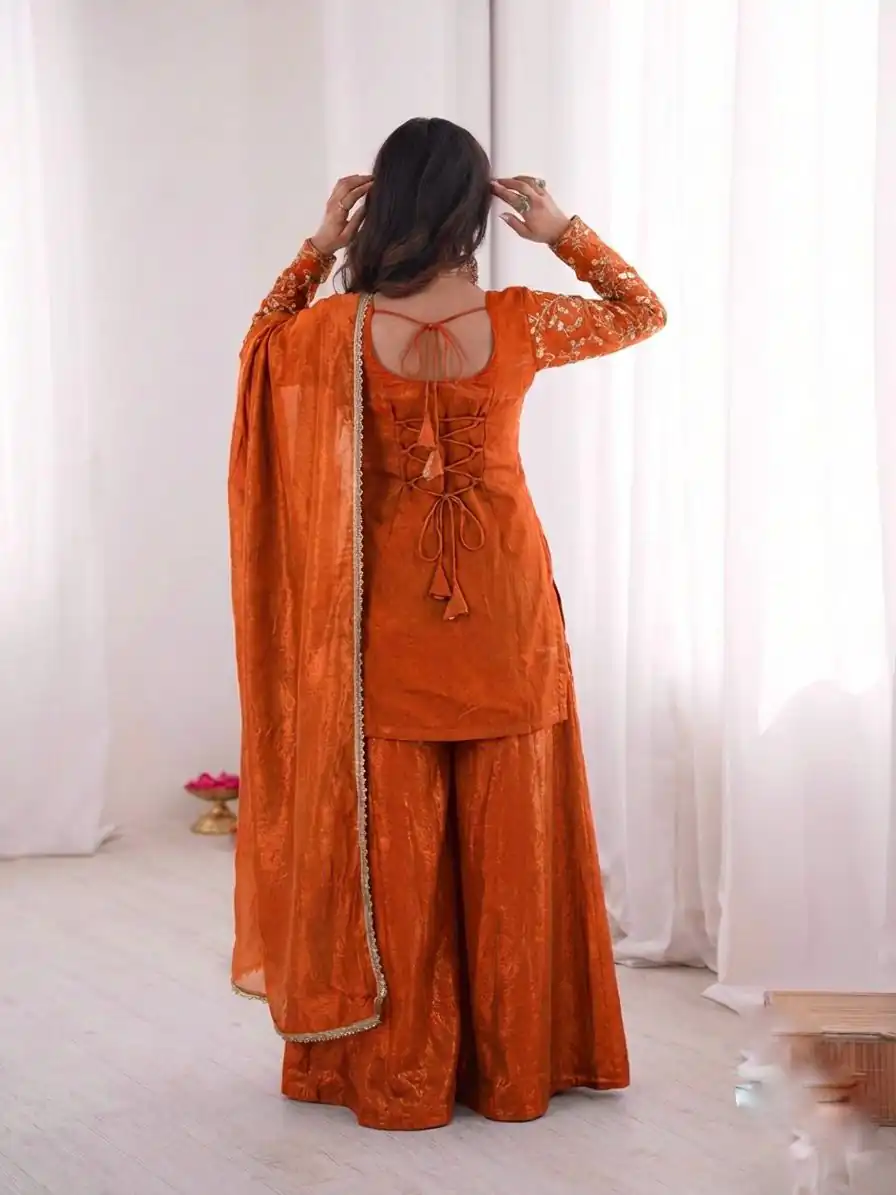 JF 043 Orange Pure Fendy Silk Salwar Suitwith Embroidery Work & Sequins Work. Exclusive Offer ₹1940. Delivery 4-6 Working Days. Shop now. | Casual Suits, Jump Suits, Creative suits, Designer Suits, Palazzo Suits, Party Wear Suits, Patiala Suits, Salwar suit, Straight Suits