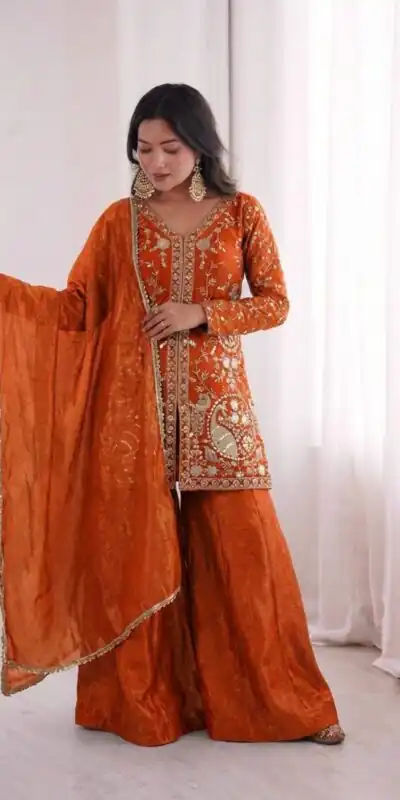 JF 043 Orange Pure Fendy Silk Salwar Suitwith Embroidery Work & Sequins Work. Exclusive Offer ₹1940. Delivery 4-6 Working Days. Shop now. | Casual Suits, Jump Suits, Creative suits, Designer Suits, Palazzo Suits, Party Wear Suits, Patiala Suits, Salwar suit, Straight Suits