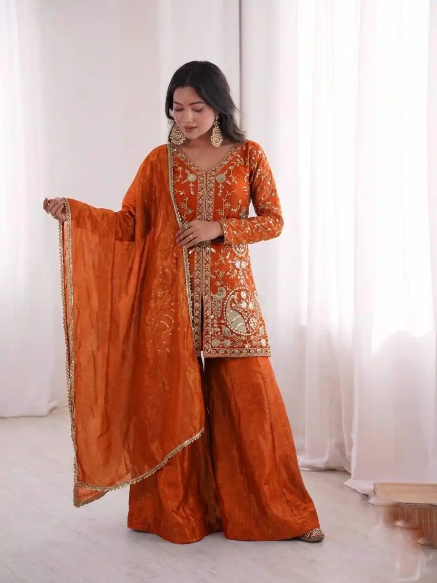 JF 043 Orange Pure Fendy Silk Salwar Suitwith Embroidery Work & Sequins Work. Exclusive Offer ₹1940. Delivery 4-6 Working Days. Shop now. | Casual Suits, Jump Suits, Creative suits, Designer Suits, Palazzo Suits, Party Wear Suits, Patiala Suits, Salwar suit, Straight Suits