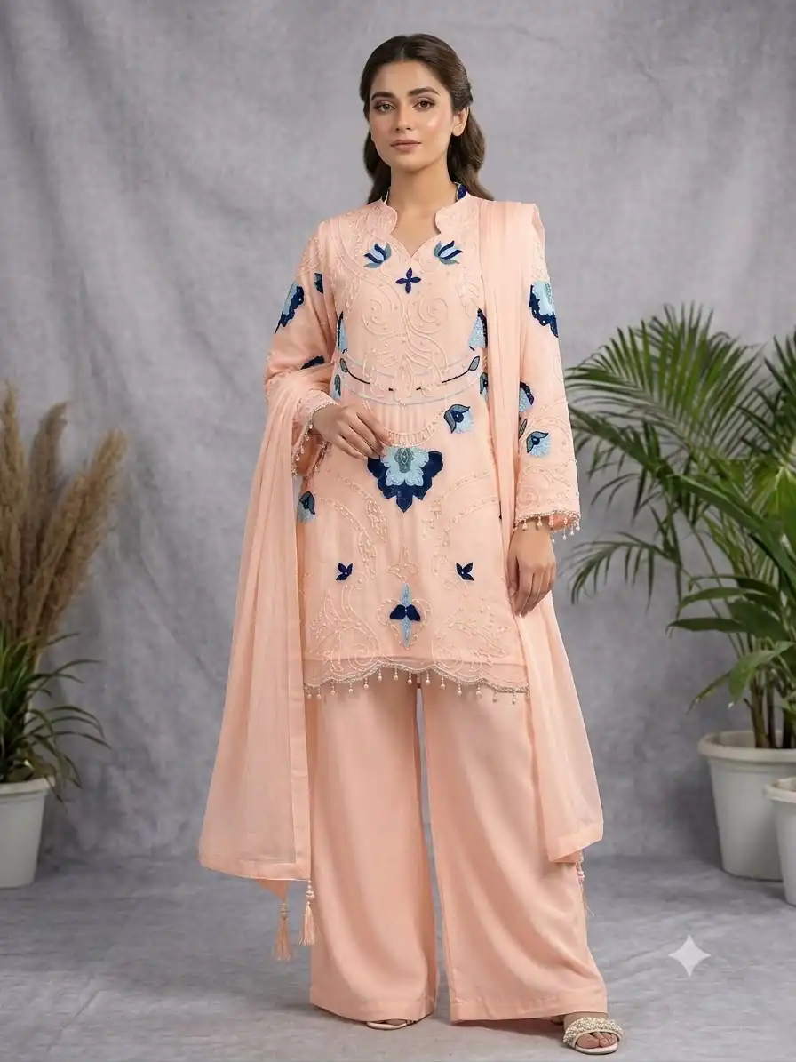 LG 2121 Peach Soft Organza Salwar Suit with Embroidery Work & Cut Work. Available at ₹2099 only. Delivery 4-6 Working Days. Shop now. | Casual Suits, Jump Suits, Creative suits, Designer Suits, Palazzo Suits, Party Wear Suits, Patiala Suits, Salwar suit, Straight Suits