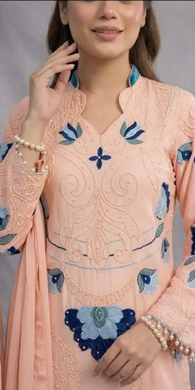 LG 2121 Peach Soft Organza Salwar Suit with Embroidery Work & Cut Work. Available at ₹2099 only. Delivery 4-6 Working Days. Shop now. | Casual Suits, Jump Suits, Creative suits, Designer Suits, Palazzo Suits, Party Wear Suits, Patiala Suits, Salwar suit, Straight Suits