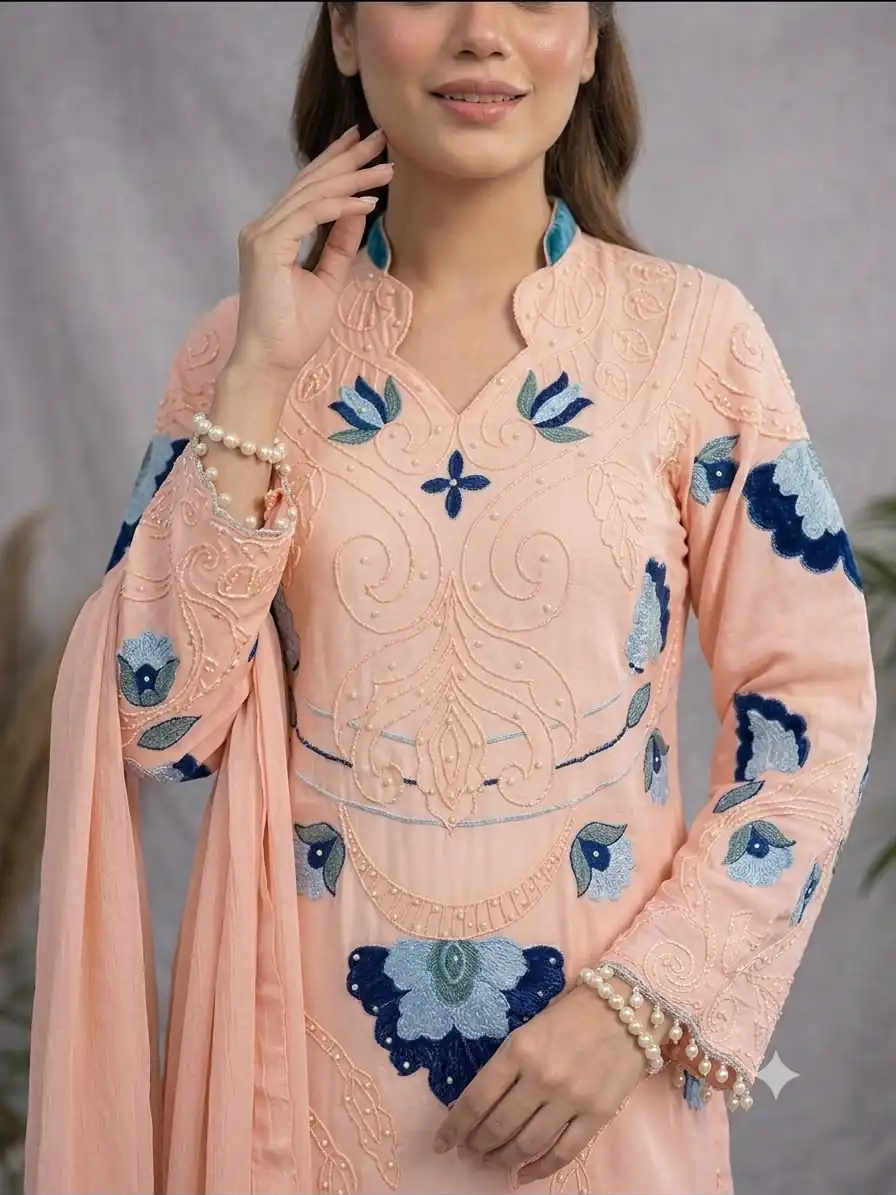 LG 2121 Peach Soft Organza Salwar Suit with Embroidery Work & Cut Work. Available at ₹2099 only. Delivery 4-6 Working Days. Shop now. | Casual Suits, Jump Suits, Creative suits, Designer Suits, Palazzo Suits, Party Wear Suits, Patiala Suits, Salwar suit, Straight Suits