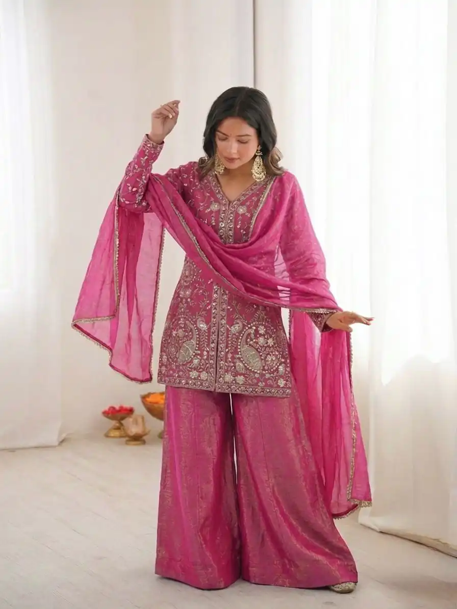 JF 043 Rani Pink Pure Fendy Silk Salwar Suitwith Embroidery Work & Sequins Work. Exclusive Offer ₹1940. Delivery 4-6 Working Days. Shop now. | Casual Suits, Jump Suits, Creative suits, Designer Suits, Palazzo Suits, Party Wear Suits, Patiala Suits, Salwar suit, Straight Suits