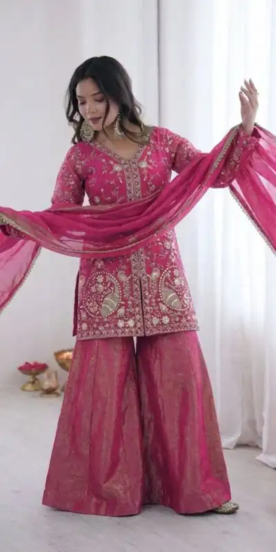 JF 043 Rani Pink Pure Fendy Silk Salwar Suitwith Embroidery Work & Sequins Work. Exclusive Offer ₹1940. Delivery 4-6 Working Days. Shop now. | Casual Suits, Jump Suits, Creative suits, Designer Suits, Palazzo Suits, Party Wear Suits, Patiala Suits, Salwar suit, Straight Suits