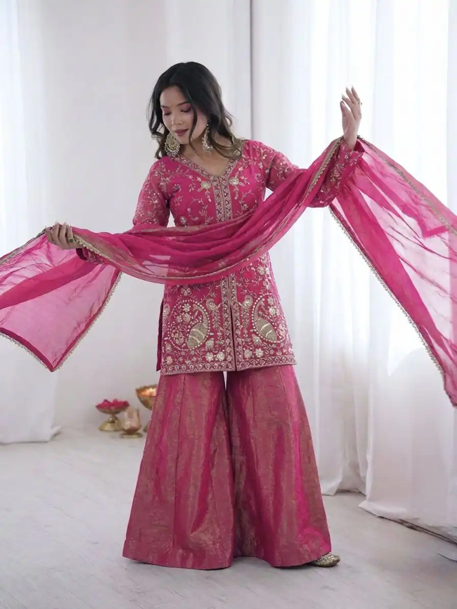 JF 043 Rani Pink Pure Fendy Silk Salwar Suitwith Embroidery Work & Sequins Work. Exclusive Offer ₹1940. Delivery 4-6 Working Days. Shop now. | Casual Suits, Jump Suits, Creative suits, Designer Suits, Palazzo Suits, Party Wear Suits, Patiala Suits, Salwar suit, Straight Suits