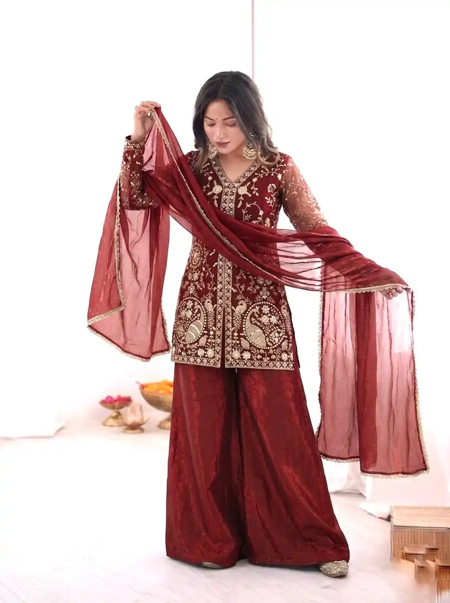 JF 043 Rust Pure Fendy Silk Salwar Suitwith Embroidery Work & Sequins Work. Exclusive Offer ₹1940. Delivery 4-6 Working Days. Shop now. | Casual Suits, Jump Suits, Creative suits, Designer Suits, Palazzo Suits, Party Wear Suits, Patiala Suits, Salwar suit, Straight Suits