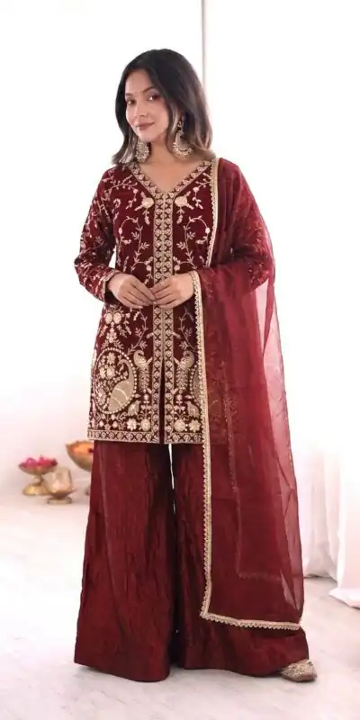 JF 043 Rust Pure Fendy Silk Salwar Suitwith Embroidery Work & Sequins Work. Exclusive Offer ₹1940. Delivery 4-6 Working Days. Shop now. | Casual Suits, Jump Suits, Creative suits, Designer Suits, Palazzo Suits, Party Wear Suits, Patiala Suits, Salwar suit, Straight Suits