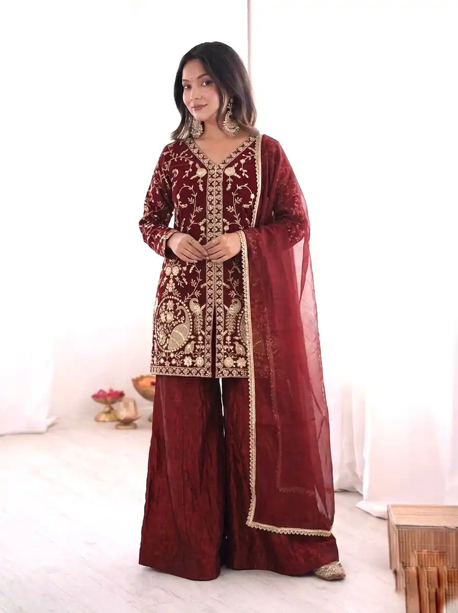 JF 043 Rust Pure Fendy Silk Salwar Suitwith Embroidery Work & Sequins Work. Exclusive Offer ₹1940. Delivery 4-6 Working Days. Shop now. | Casual Suits, Jump Suits, Creative suits, Designer Suits, Palazzo Suits, Party Wear Suits, Patiala Suits, Salwar suit, Straight Suits