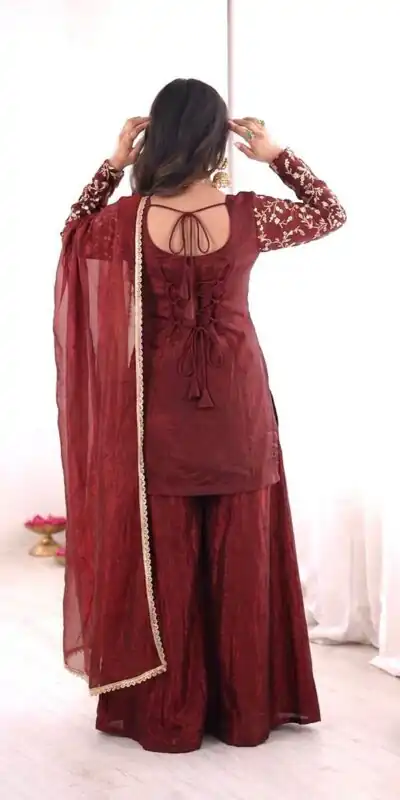 JF 043 Rust Pure Fendy Silk Salwar Suitwith Embroidery Work & Sequins Work. Exclusive Offer ₹1940. Delivery 4-6 Working Days. Shop now. | Casual Suits, Jump Suits, Creative suits, Designer Suits, Palazzo Suits, Party Wear Suits, Patiala Suits, Salwar suit, Straight Suits