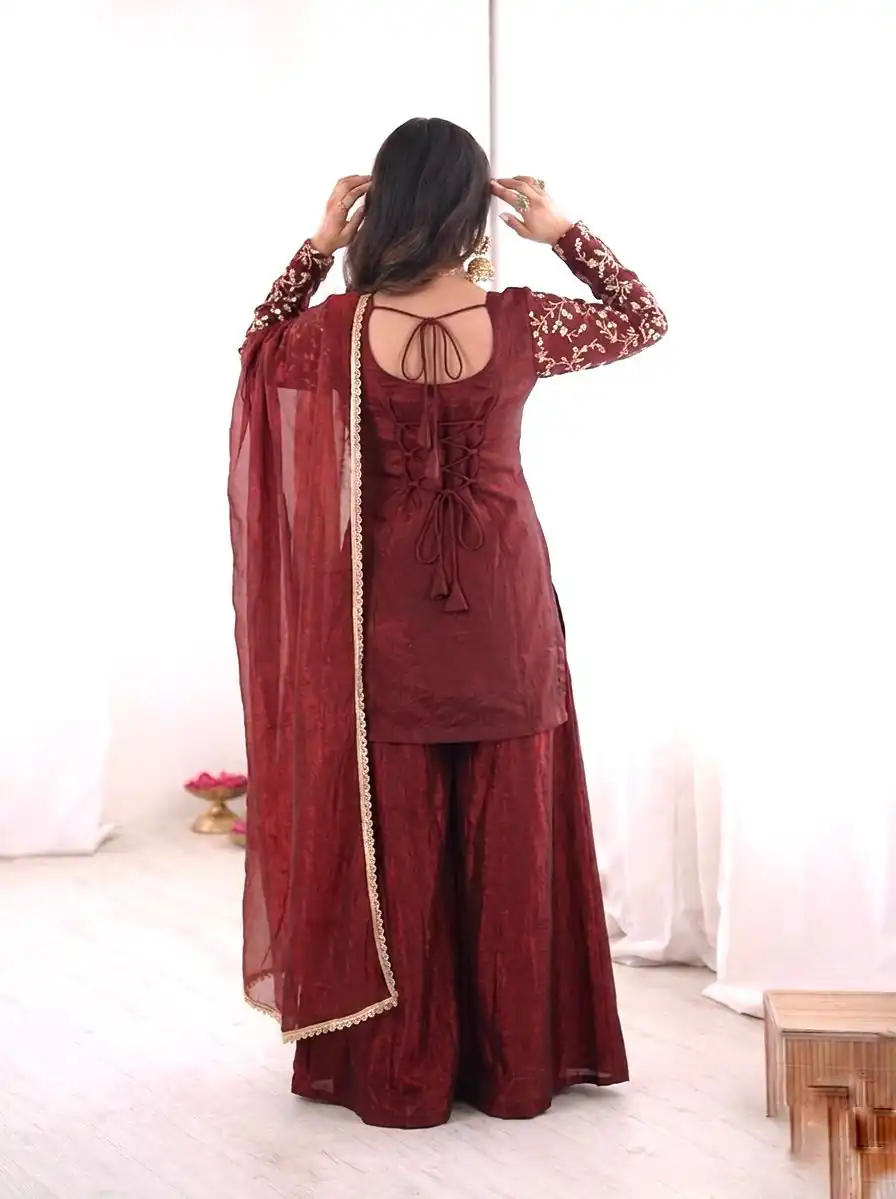 JF 043 Rust Pure Fendy Silk Salwar Suitwith Embroidery Work & Sequins Work. Exclusive Offer ₹1940. Delivery 4-6 Working Days. Shop now. | Casual Suits, Jump Suits, Creative suits, Designer Suits, Palazzo Suits, Party Wear Suits, Patiala Suits, Salwar suit, Straight Suits