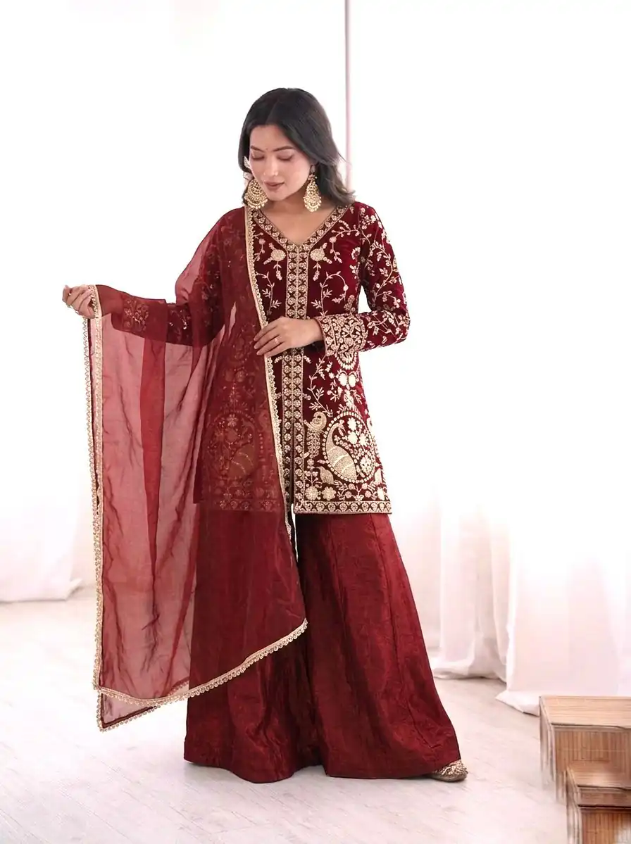 JF 043 Rust Pure Fendy Silk Salwar Suitwith Embroidery Work & Sequins Work. Exclusive Offer ₹1940. Delivery 4-6 Working Days. Shop now. | Casual Suits, Jump Suits, Creative suits, Designer Suits, Palazzo Suits, Party Wear Suits, Patiala Suits, Salwar suit, Straight Suits