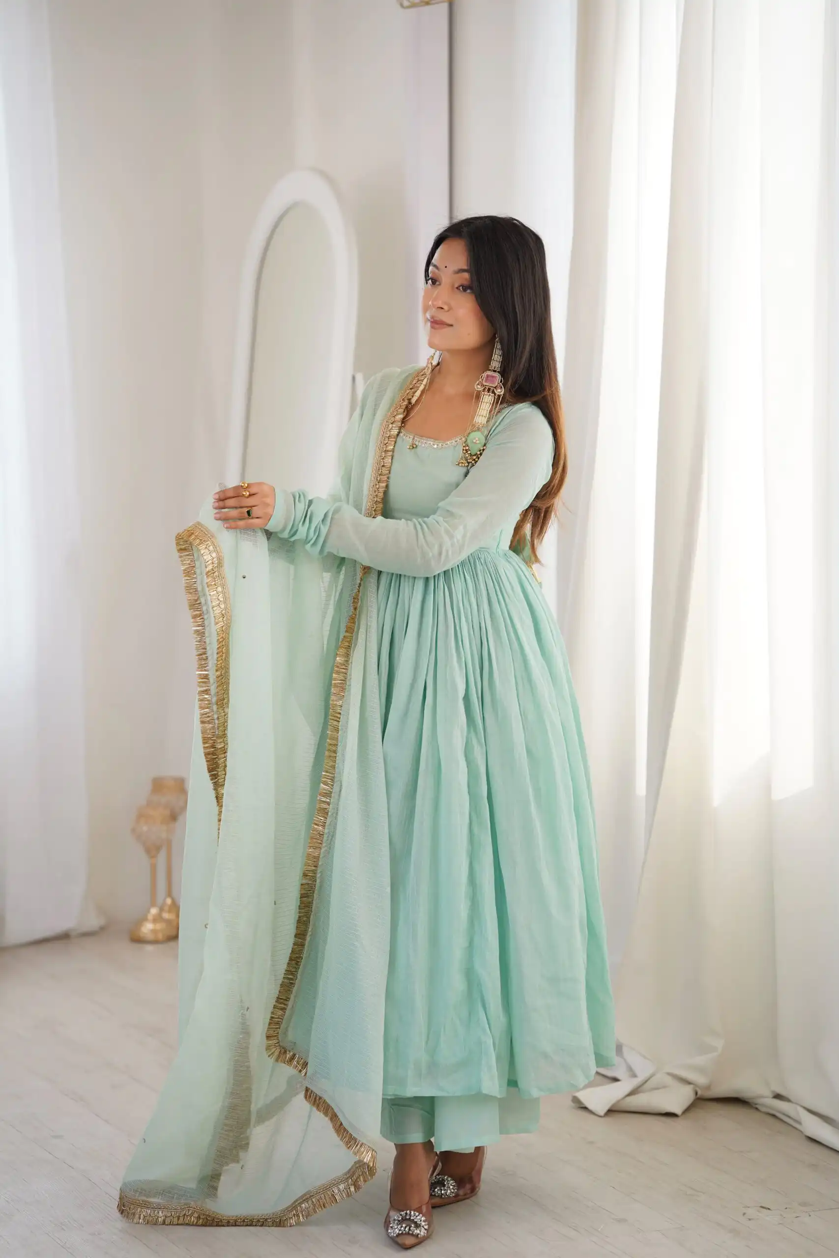 ZF 5020 Sea Green Sea Green Heavy Faux ⁠ Gown with Lace Border & Lace Work. Festive Deal ₹2099. Delivery 4-6 Working Days. Shop now. | Bollywood Gowns, Creative Gowns, Designer Gowns, Embroidered Gowns, Gowns, Party Wear Gowns