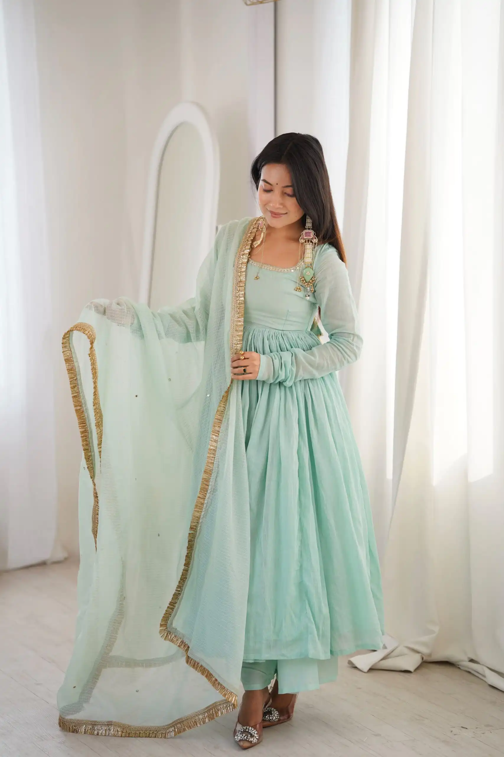 ZF 5020 Sea Green Sea Green Heavy Faux ⁠ Gown with Lace Border & Lace Work. Festive Deal ₹2099. Delivery 4-6 Working Days. Shop now. | Bollywood Gowns, Creative Gowns, Designer Gowns, Embroidered Gowns, Gowns, Party Wear Gowns